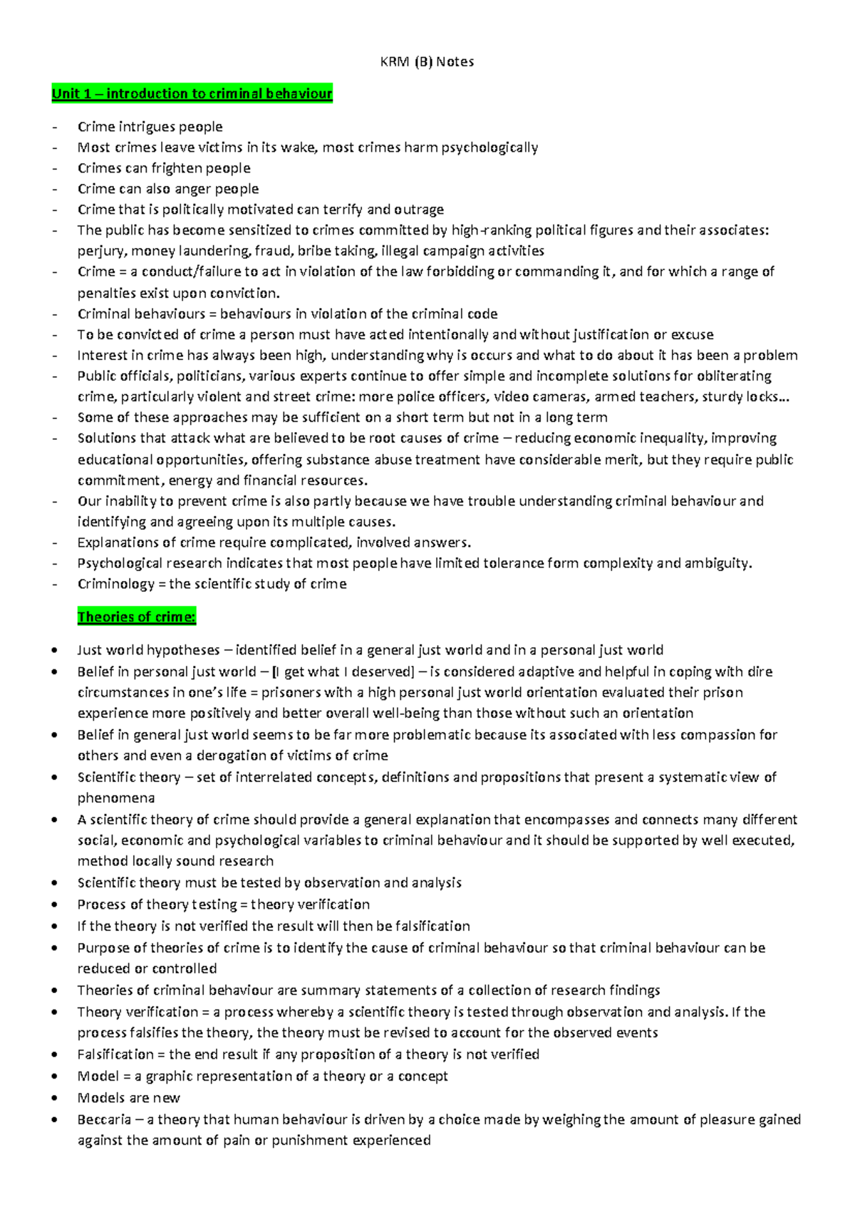 KRM (B) Final Exam Notes: Understanding Criminal Behavior and Theories ...