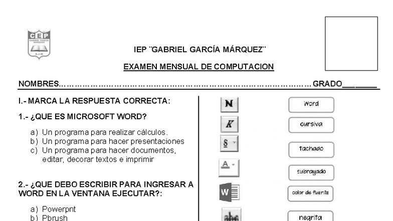 IEP 3ERO: Examen Mensual de Computación - Microsoft Word - Studocu