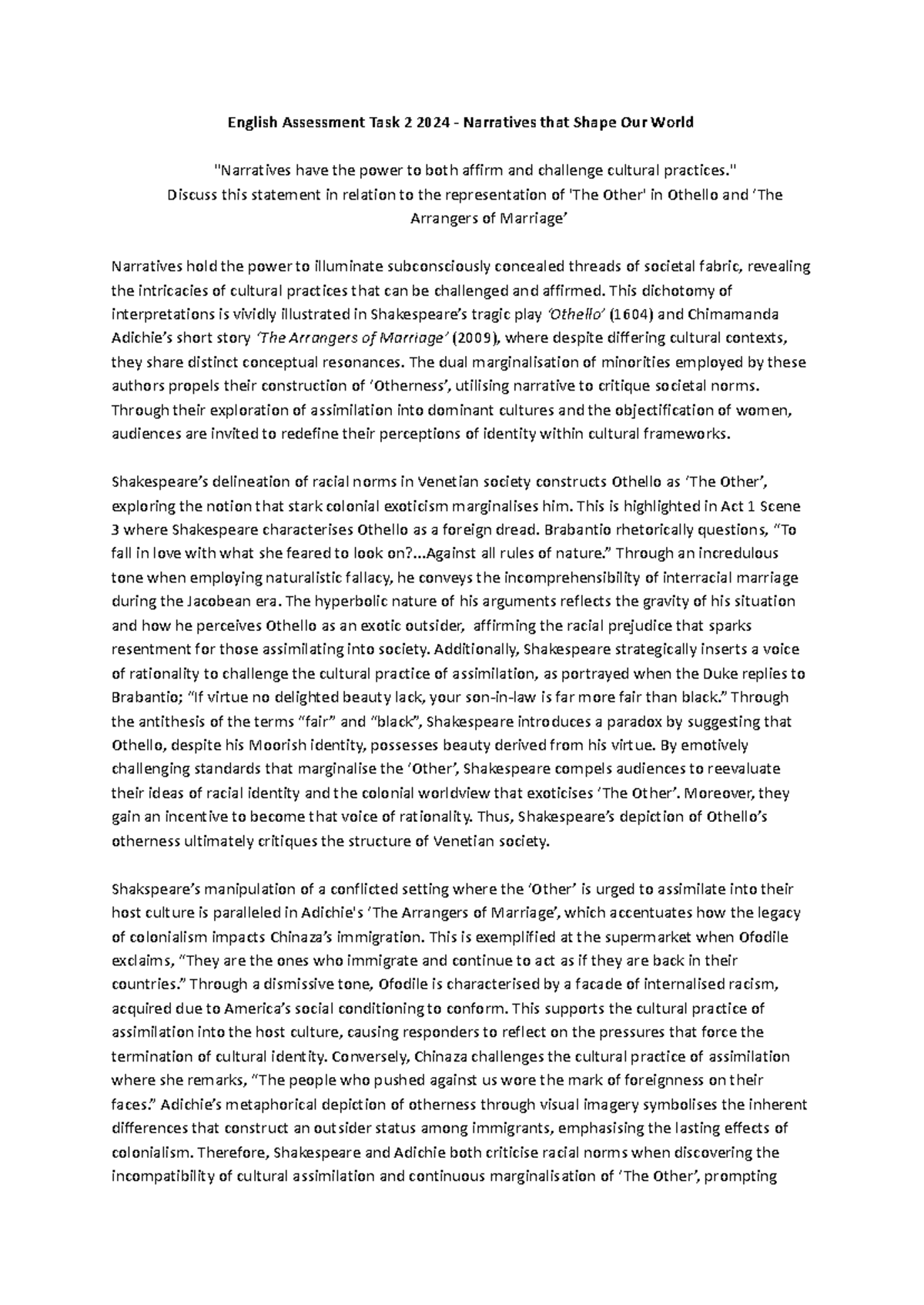 Year 11 English Advanced: Othello & Arrangers of Narratives Essay - Studocu