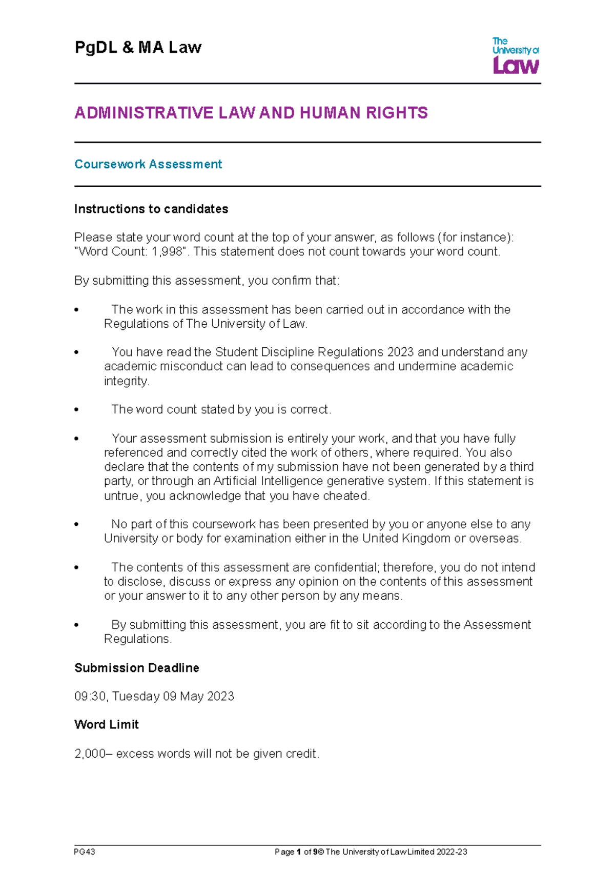 LAW3011 Coursework Assessment on Administrative Law & Human Rights ...