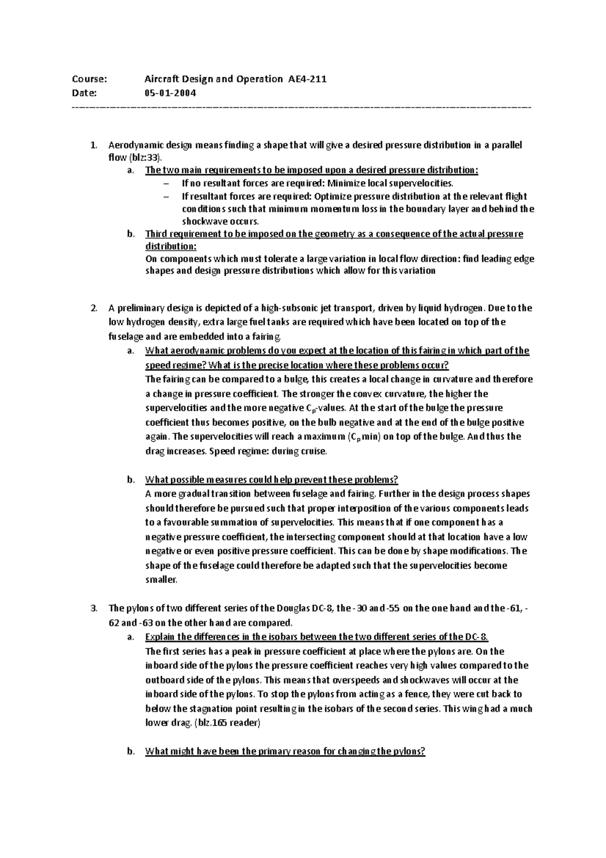 AE4 Aircraft Design and Operation Final Exam Answers 2016 - Studeersnel