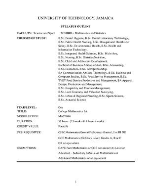 College Mathematics 1A - MAT1044 - UTech, Ja - Studocu