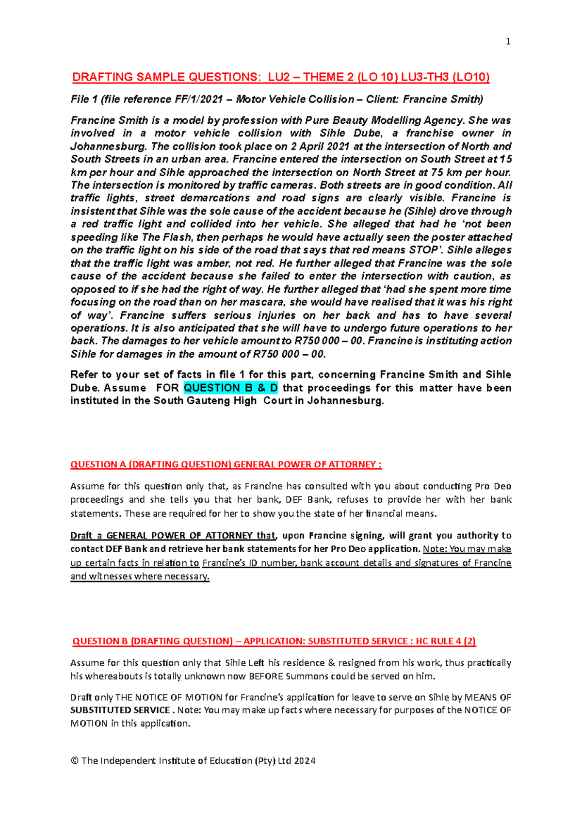 CIPR LU2 & LU3 Drafting Sample Questions: Motor Vehicle Collision Case ...