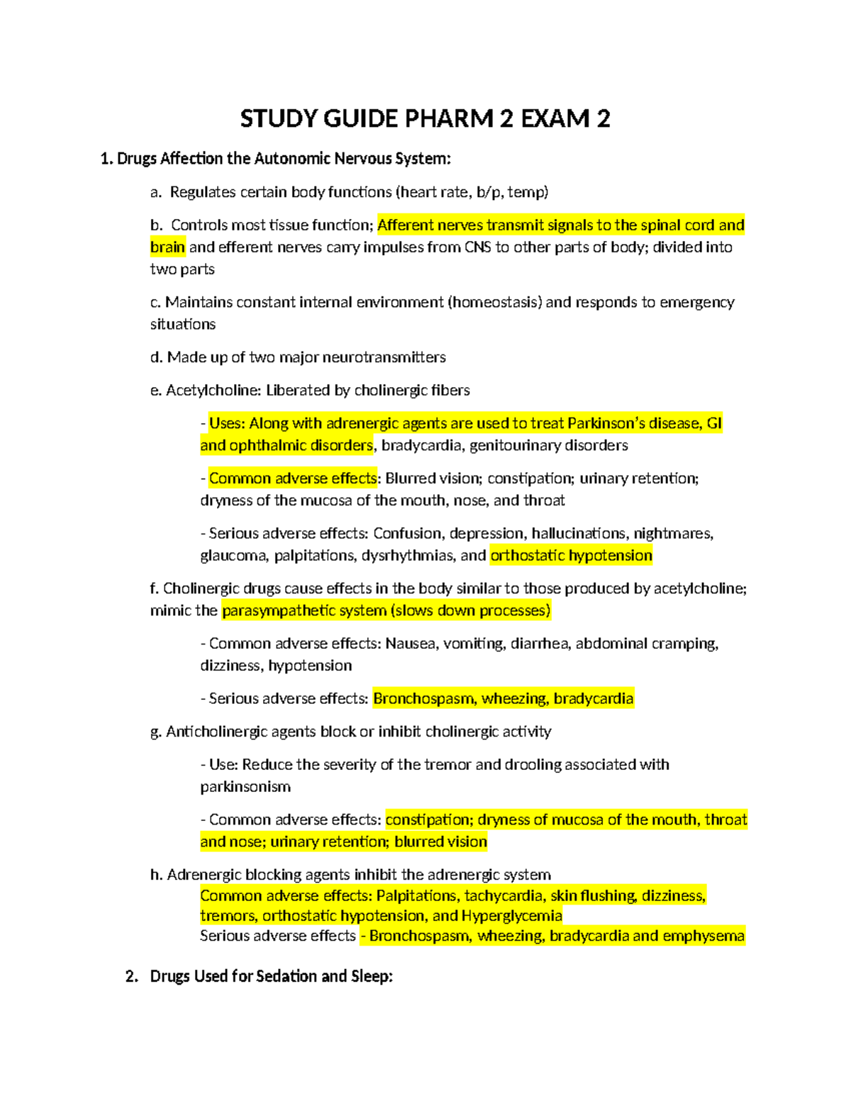 Pharm 2 Study Guide for Final Exam 2: Key Drug Classes & Effects - Studocu