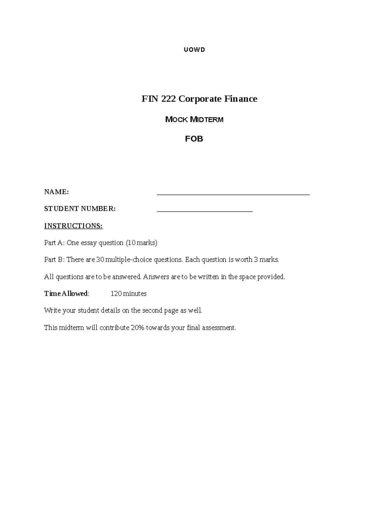 FIN 222 Mock Midterm Exam Guide: Corporate Finance Review - Studocu