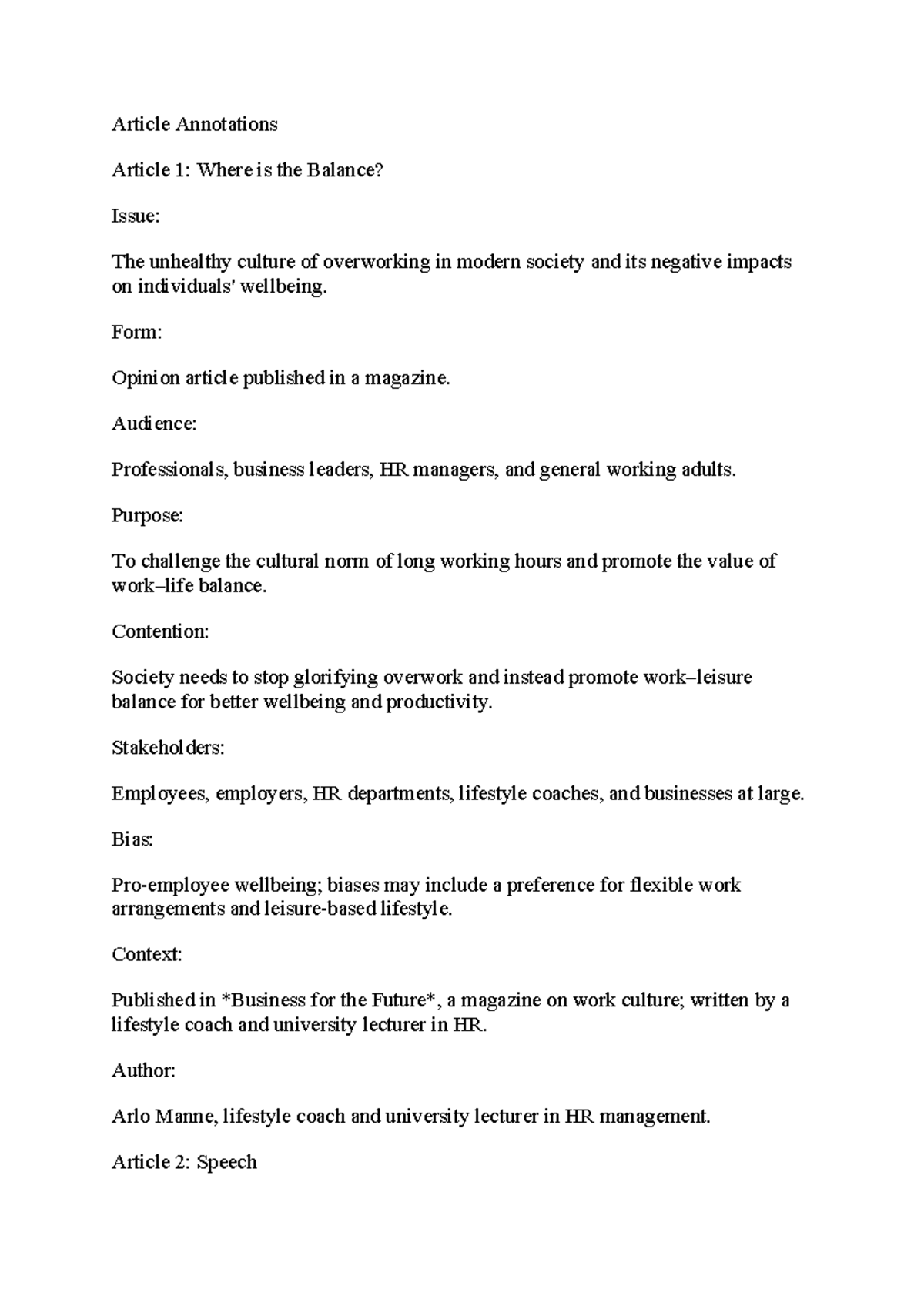 Article Annotations: Balancing Work Culture for Wellbeing - Studocu