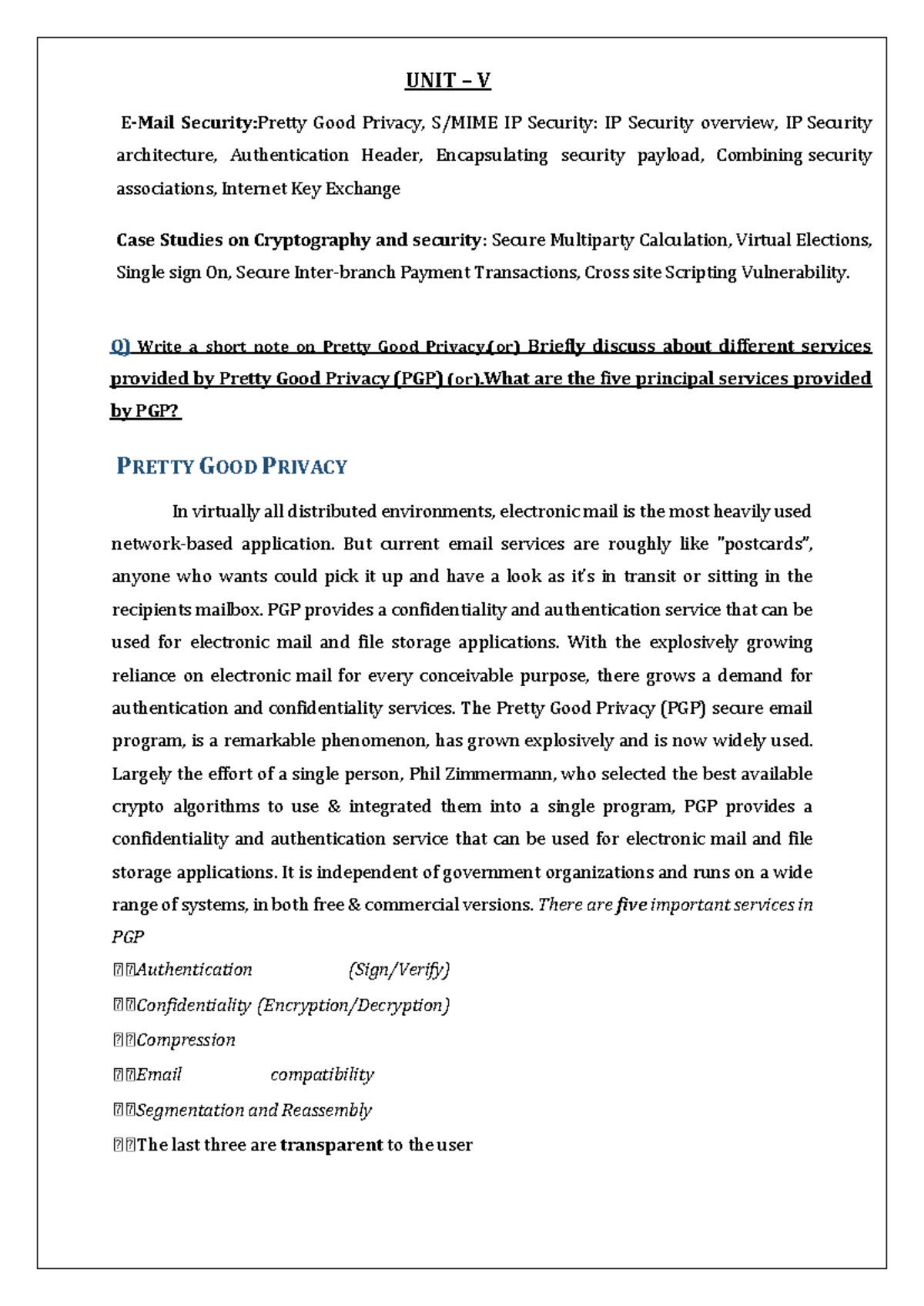 E-Mail Security & Cryptography: CNS UNIT 5-1 Overview - Studocu
