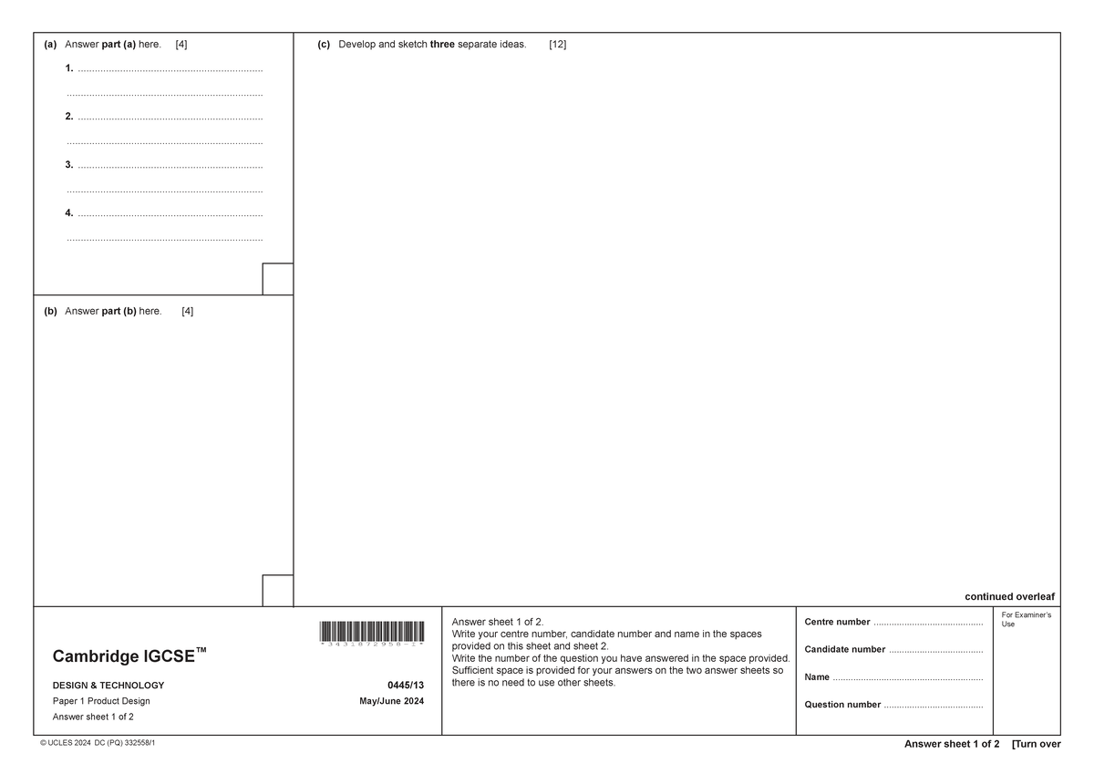 Design Technology 0445 S24 - Practice Paper Answer Sheet - Studocu