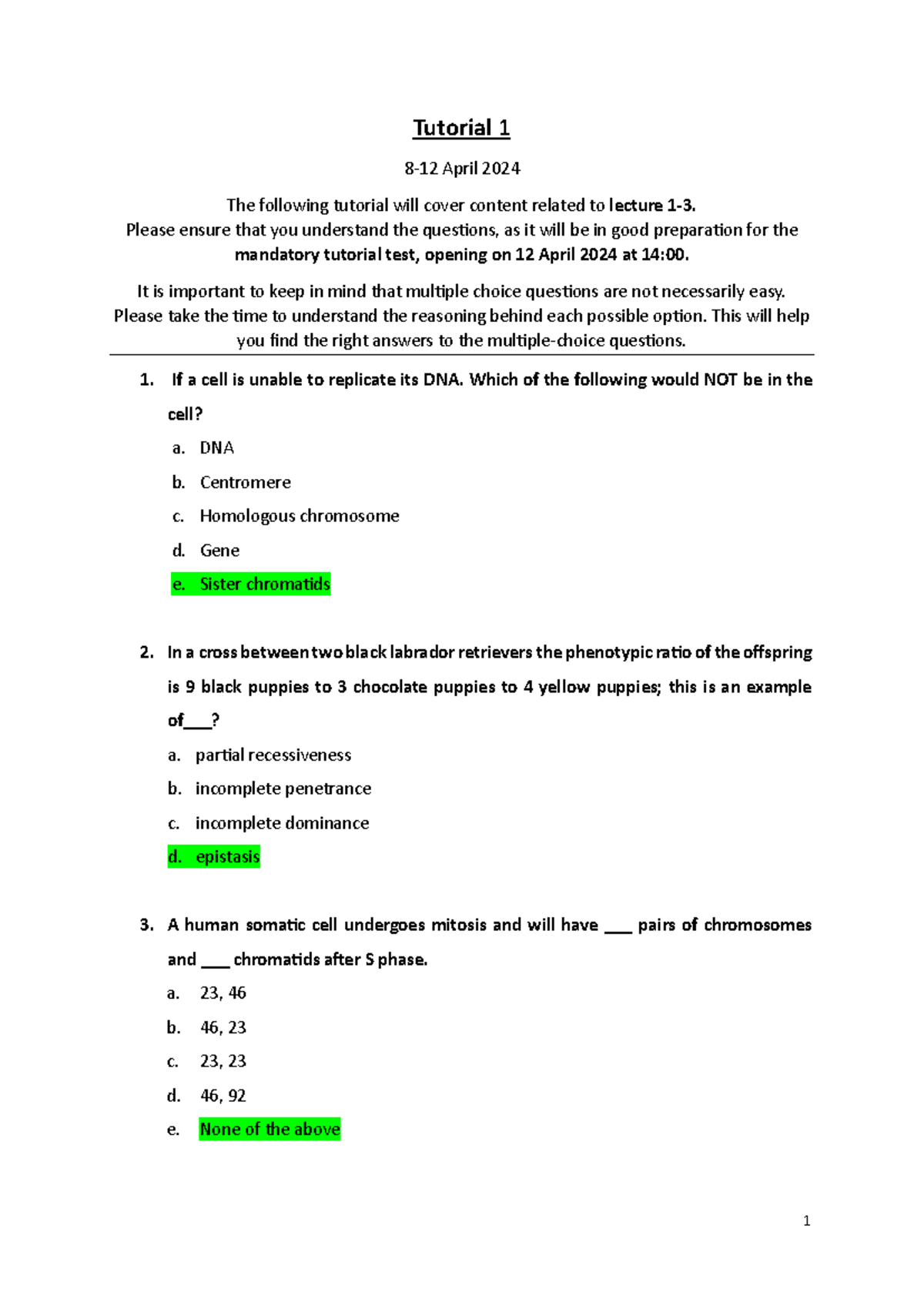 Genetics Tut 1 memo for April 2024 tutorial test preparation - Studocu