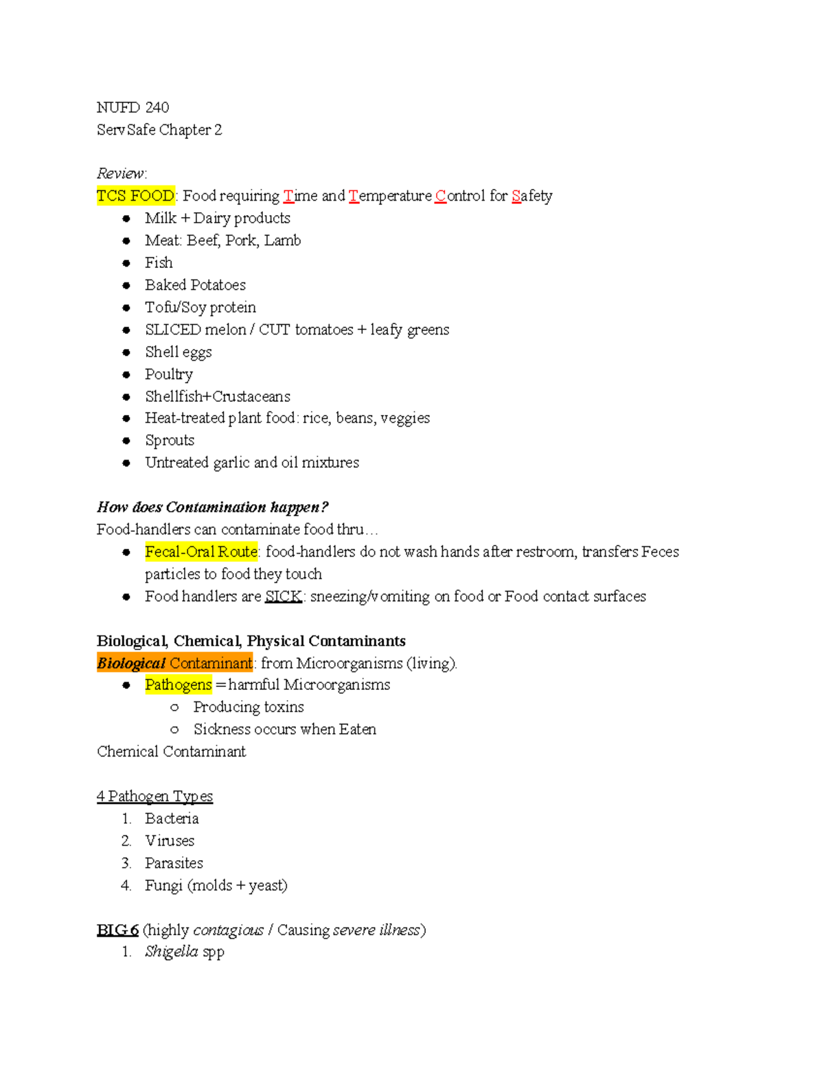 Servsafe ManagerChpt.2 - NUFD 240 ServSafe Chapter 2 TCS Food requiring ...
