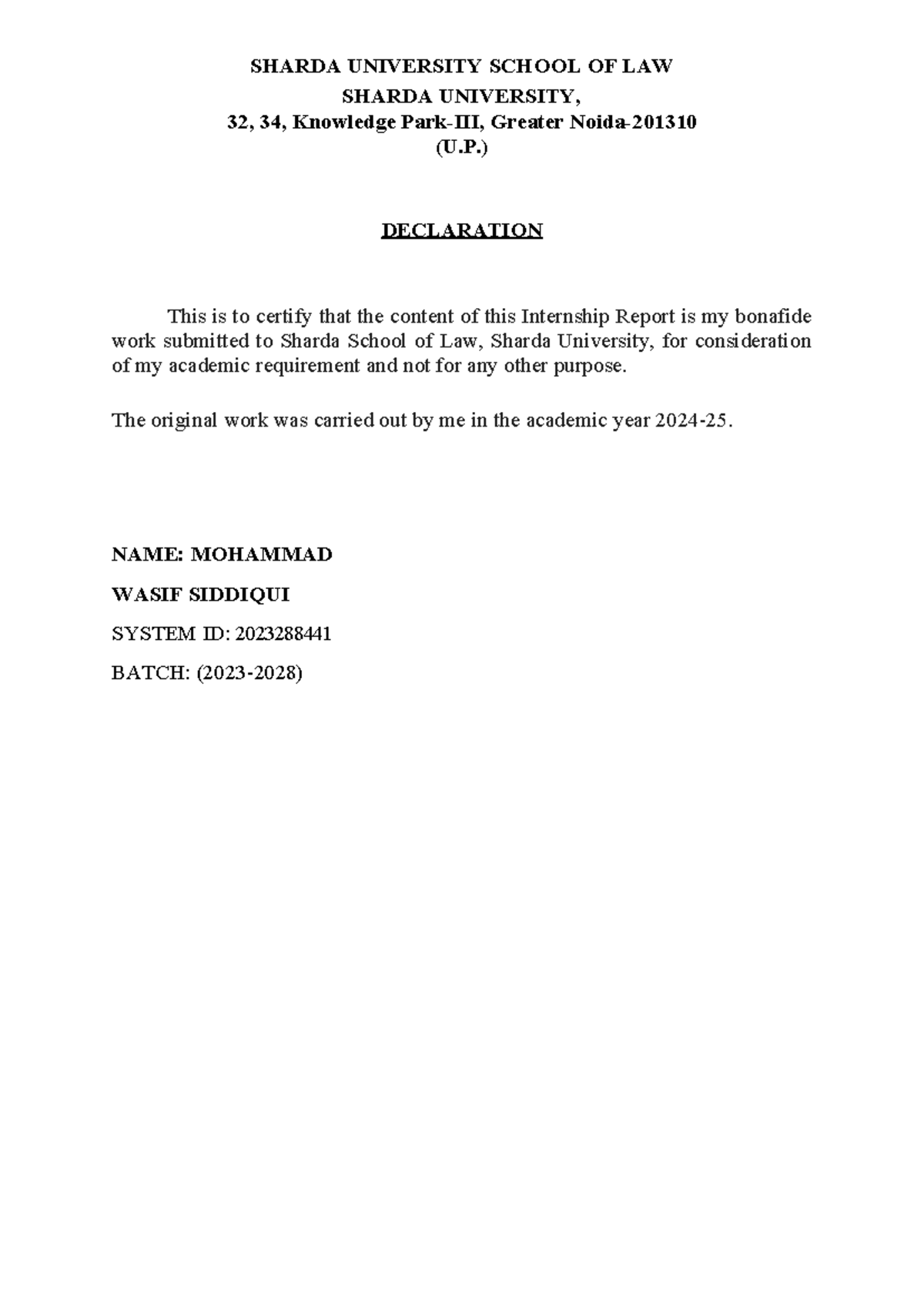 Declaration FORM - sample - Law And Economics - SHARDA UNIVERSITY ...