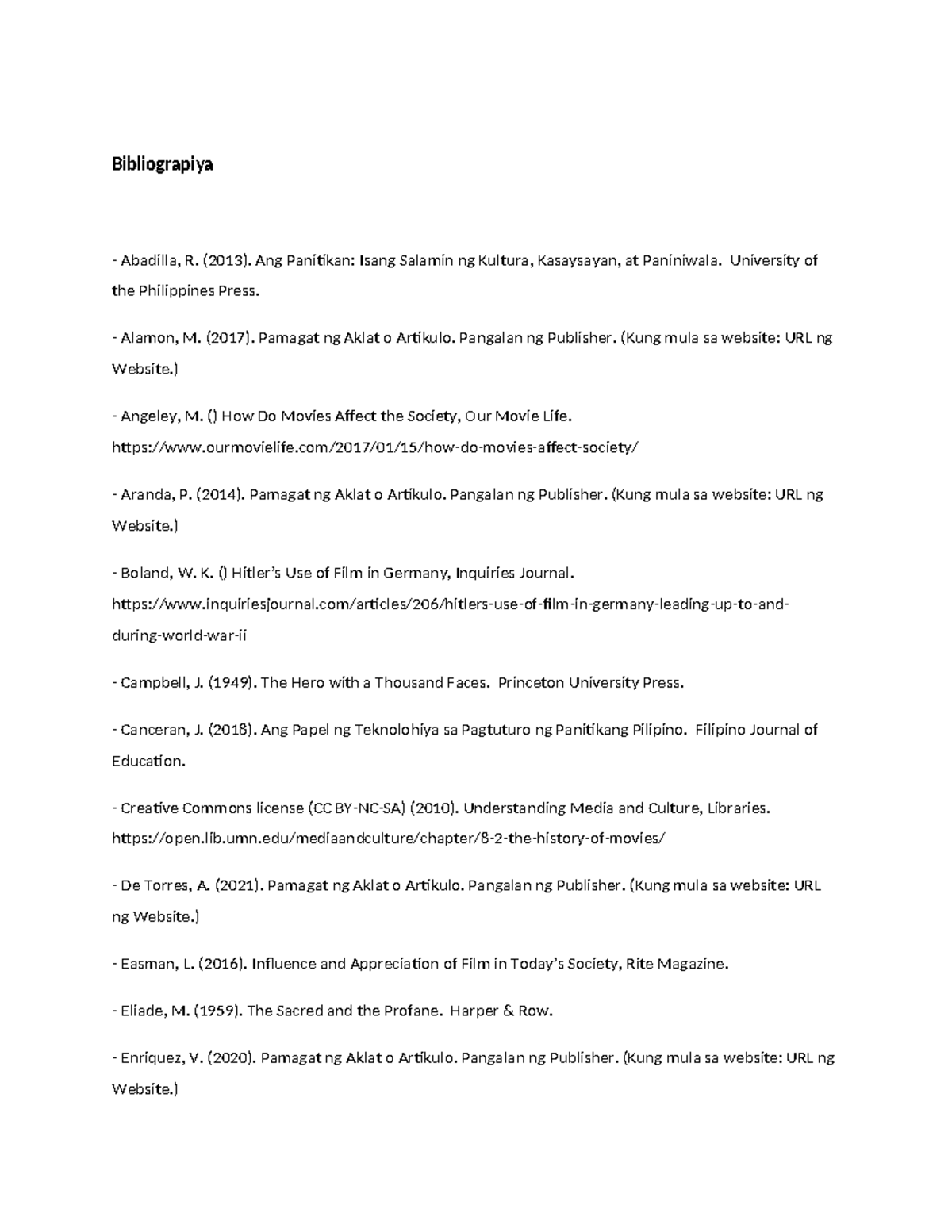 Bibliograpiya ng mga Sanggunian sa Panitikan at Pelikula - Studocu