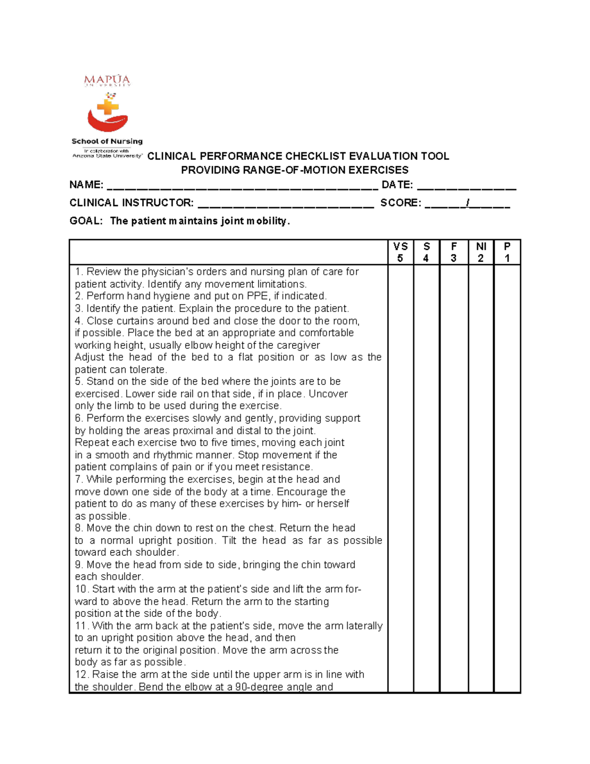 CLINICAL PERFORMANCE CHECKLIST: ROM Exercises Evaluation Tool - Studocu