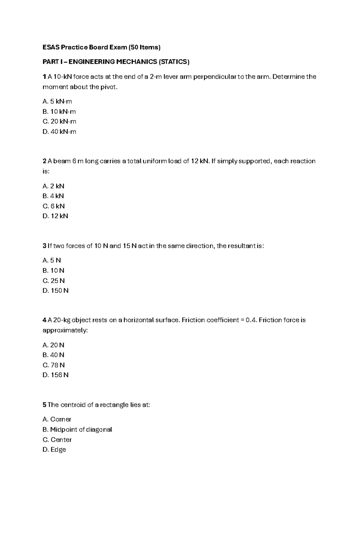 ESAS Practice Board Exam: Engineering Mechanics & Dynamics - Studocu