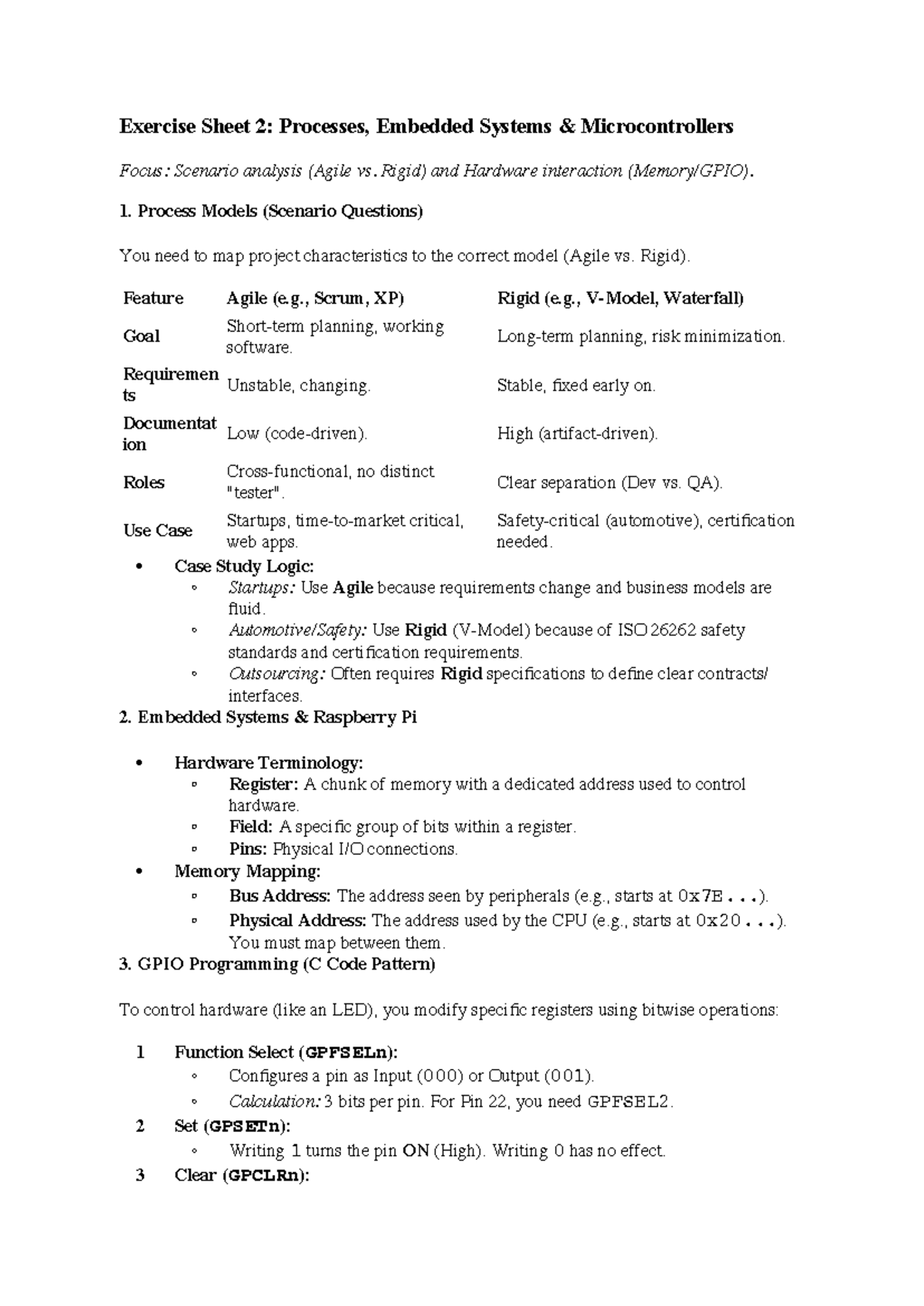 Exercise Sheet 2: Agile vs. Rigid Processes in Embedded Systems - Studocu
