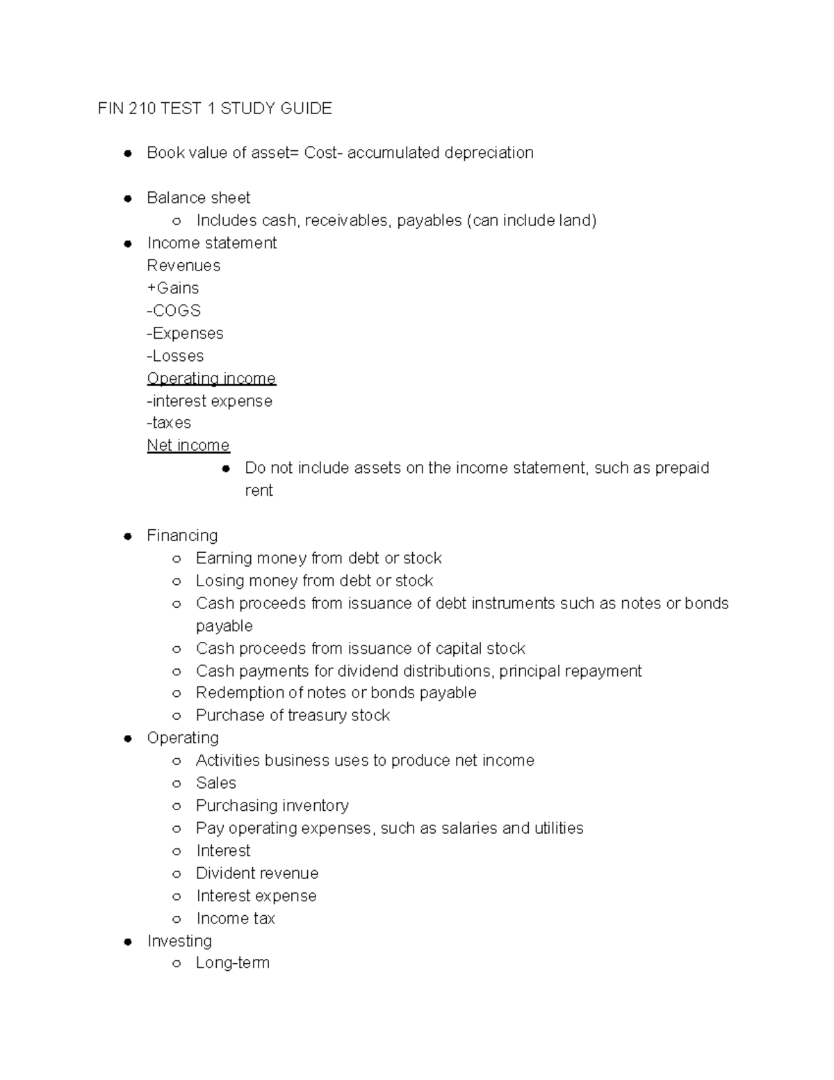 FIN 210 Test 1 Study Guide: Key Concepts & Formulas for Success - Studocu