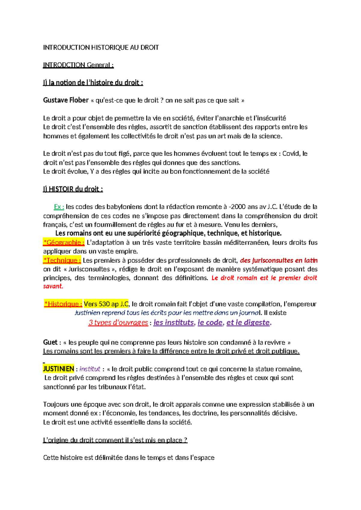 Introduction Historique au Droit - Cours de Droit 101 - Studocu