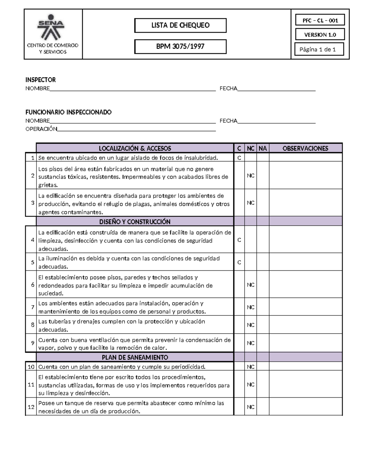 PFC CL 001 CHECKLIST INSPECTION FORMAT VERSION 1.0 BPM CENTER - Studocu