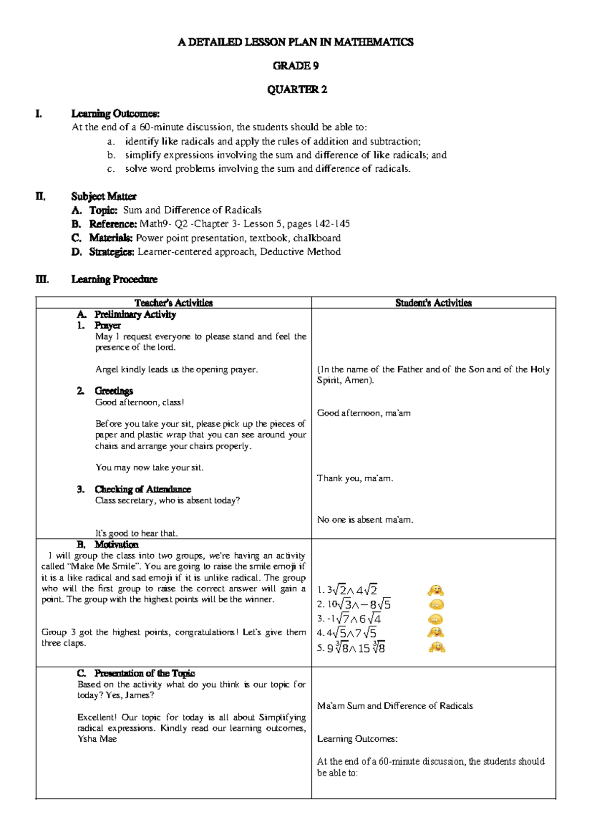 Grade 9 Math9-Q2 Lesson Plan: Sum & Difference of Radicals - Studocu