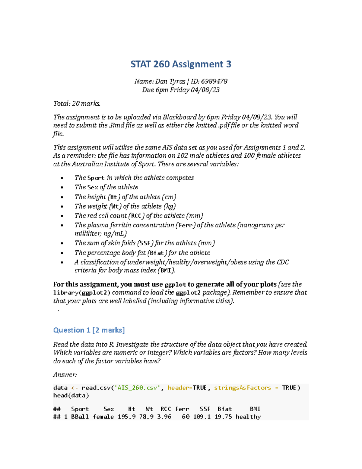 STAT 260 Assignment 3: R Code Analysis and Data Visualization - Studocu