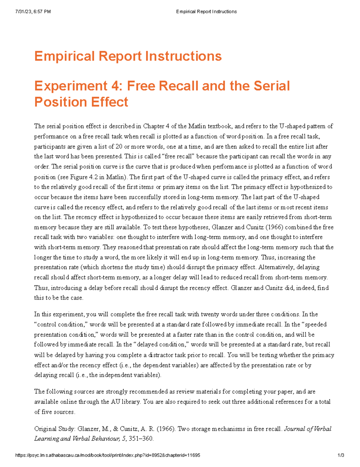 Empirical Report on Free Recall & Serial Position Effect (PSYC 301 ...