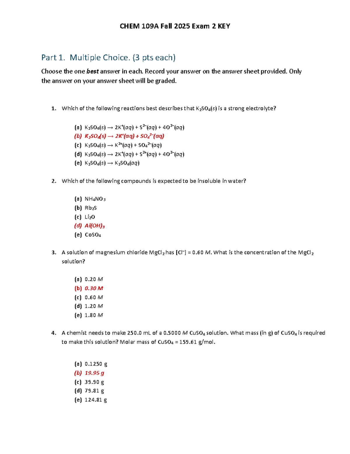 CHEM 109A Fall 2025 Exam 2 GOLD KEY Answers and Solutions - Studocu