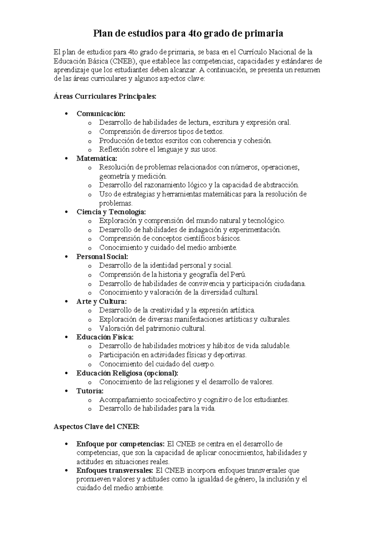 Planificación Curricular Anual para 4to Grado de Primaria - Studocu