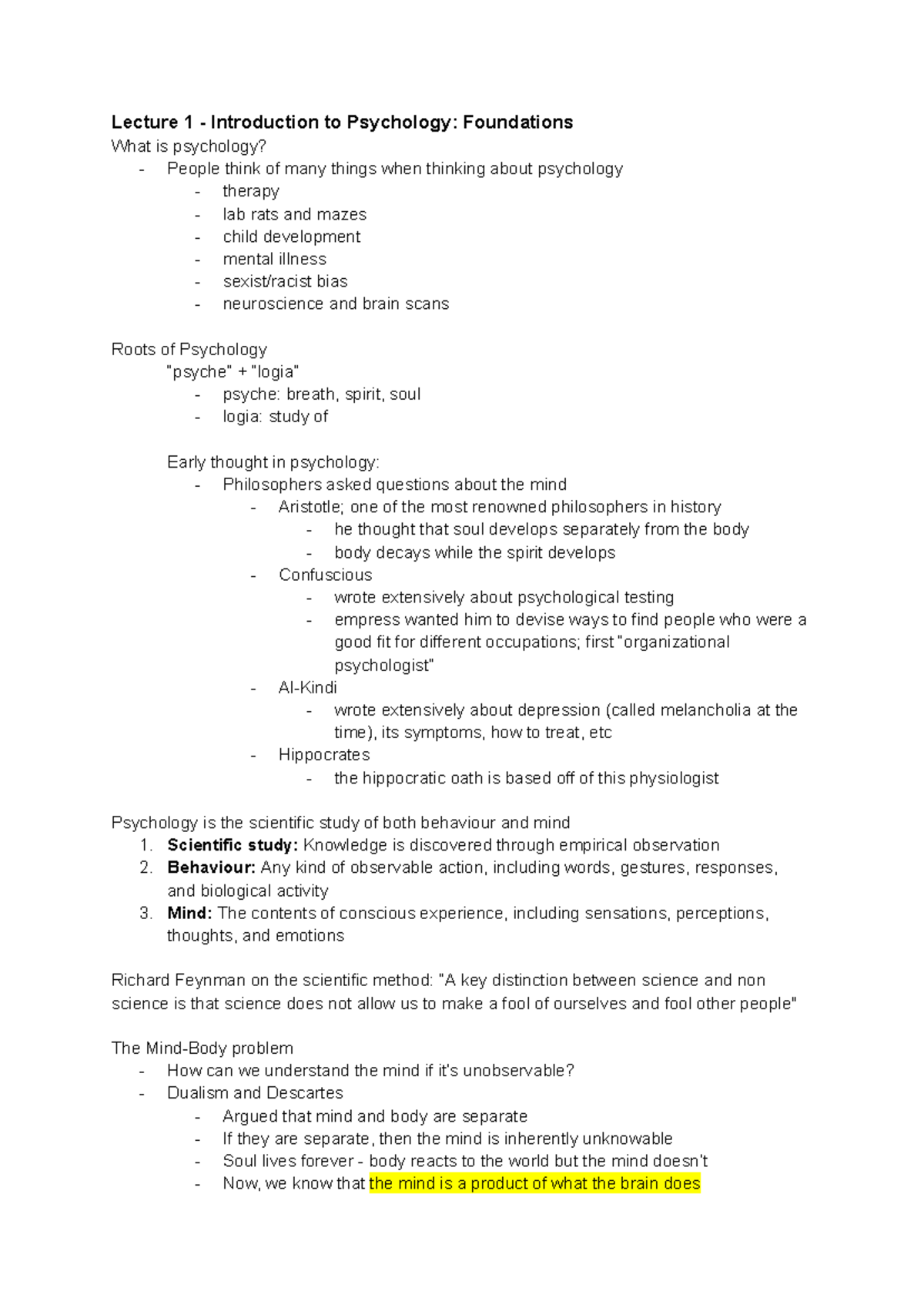 Lecture 1: Intro to Psychology Foundations & Key Concepts - Studocu