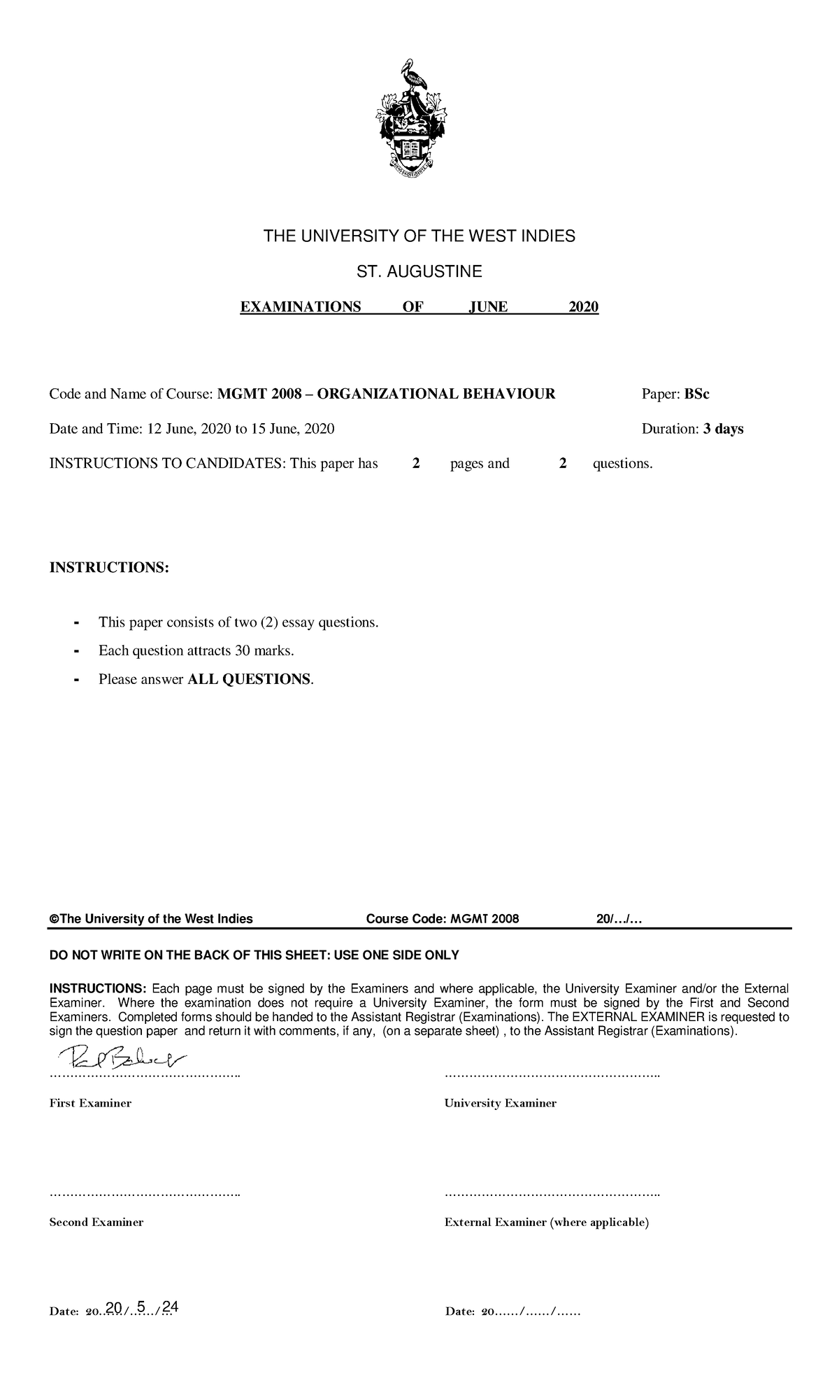 MGMT 2008 June 2020 Organizational Behaviour Exam Paper - Studocu