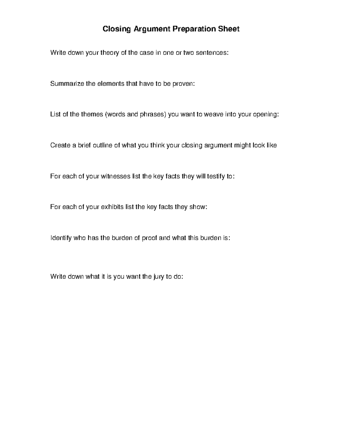 Closing Argument Preparation Sheet - Studocu
