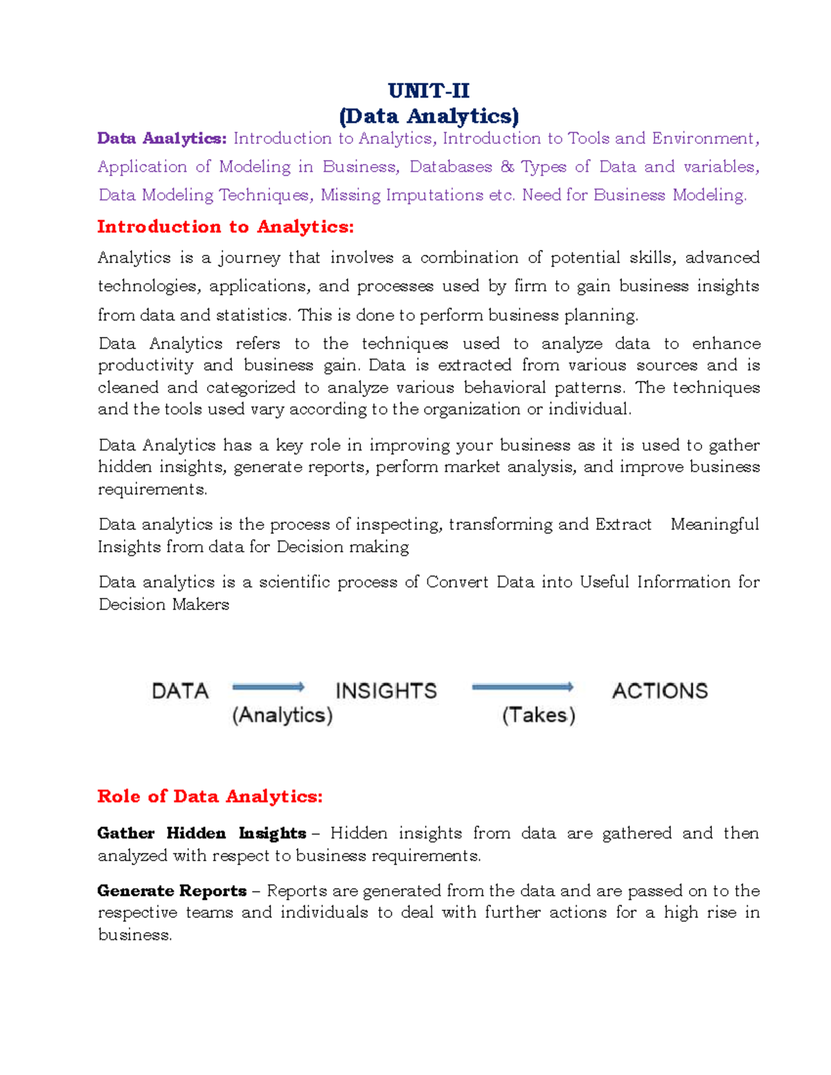 DA Unit-II: Introduction to Data Analytics and Business Modeling ...
