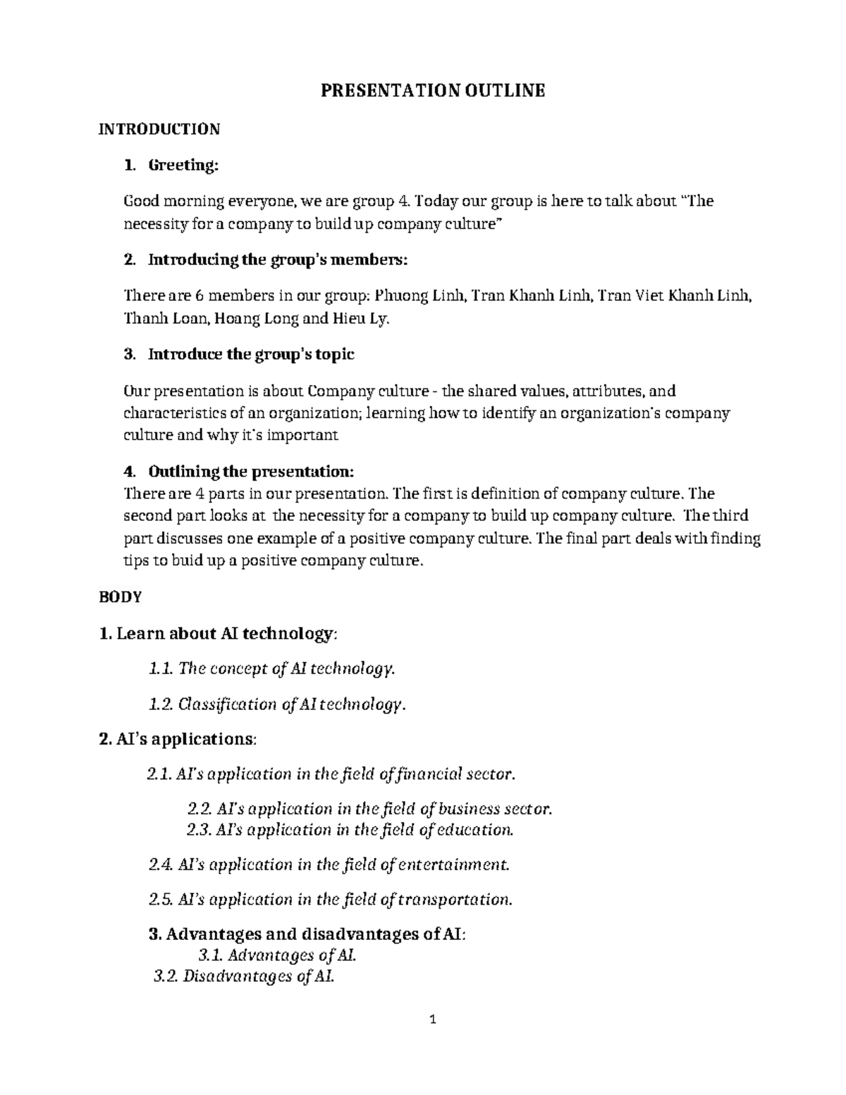 Outline sample - PRESENTATION OUTLINE INTRODUCTION 1. Greeting: Good ...