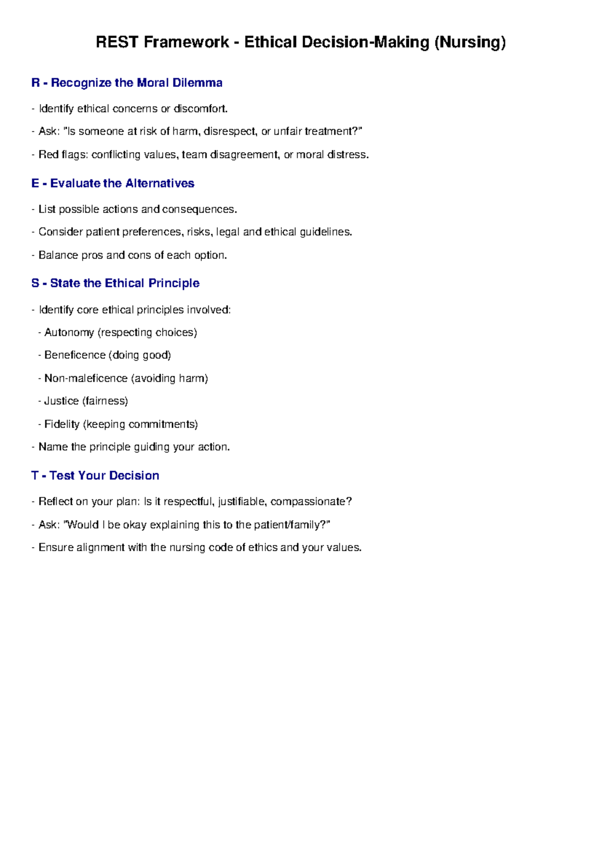 REST Framework Reference Chart - REST Framework - Ethical Decision ...