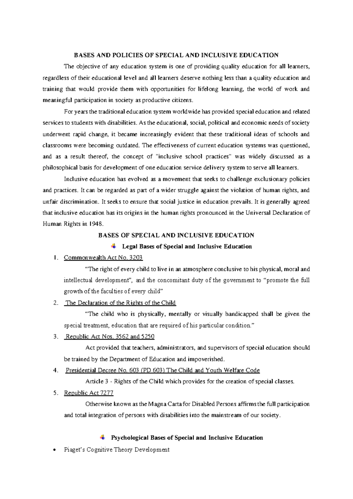 Bases and Policies of Special & Inclusive Education (EDU 101) - Studocu