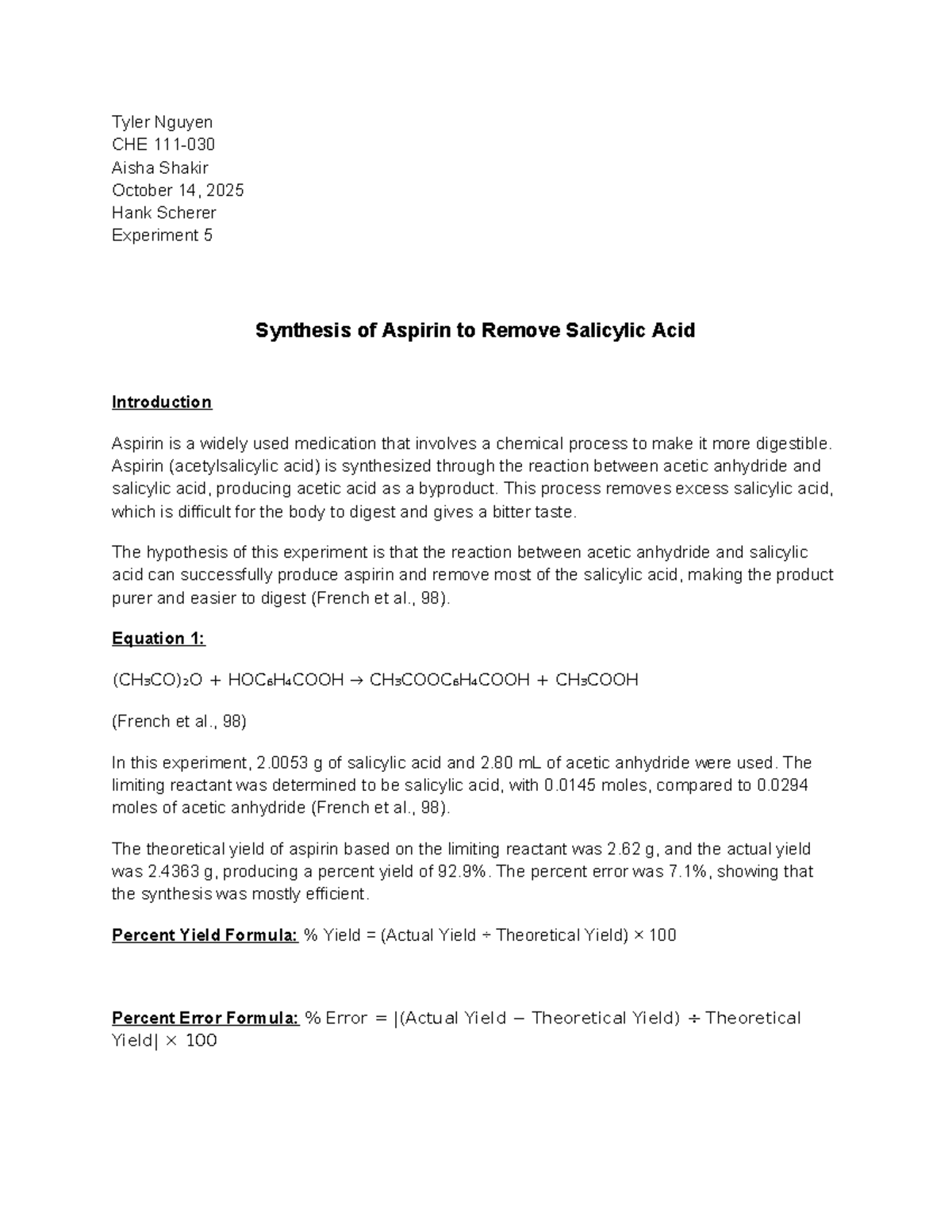 Salicylic Acid To Aspirin Theoretical Yield