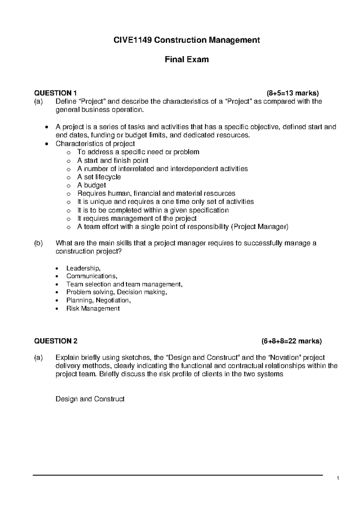Exam 2014, questions and answers - CIVE1149 Construction Management ...