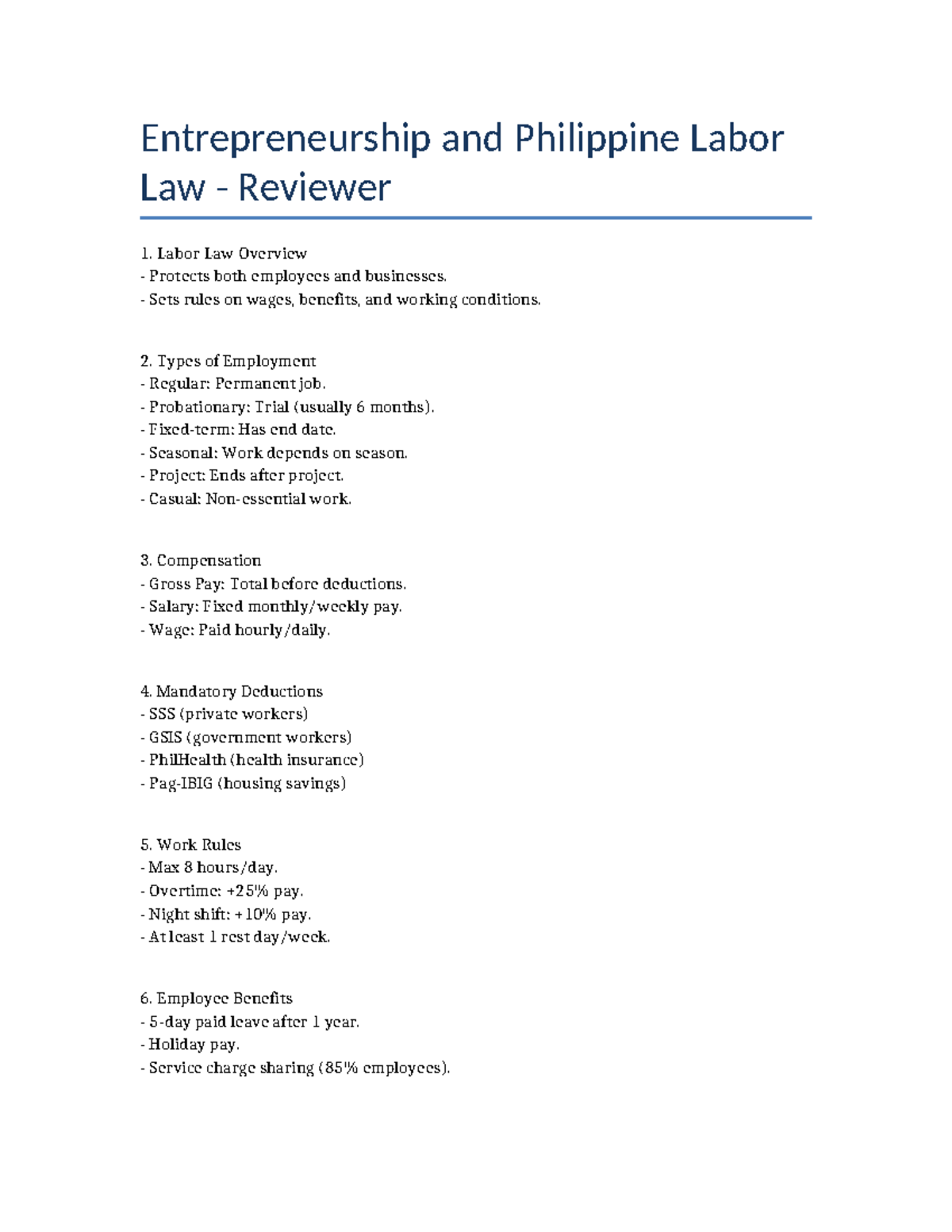Entrepreneurship and Philippine Labor Law Reviewer: Key Concepts and ...