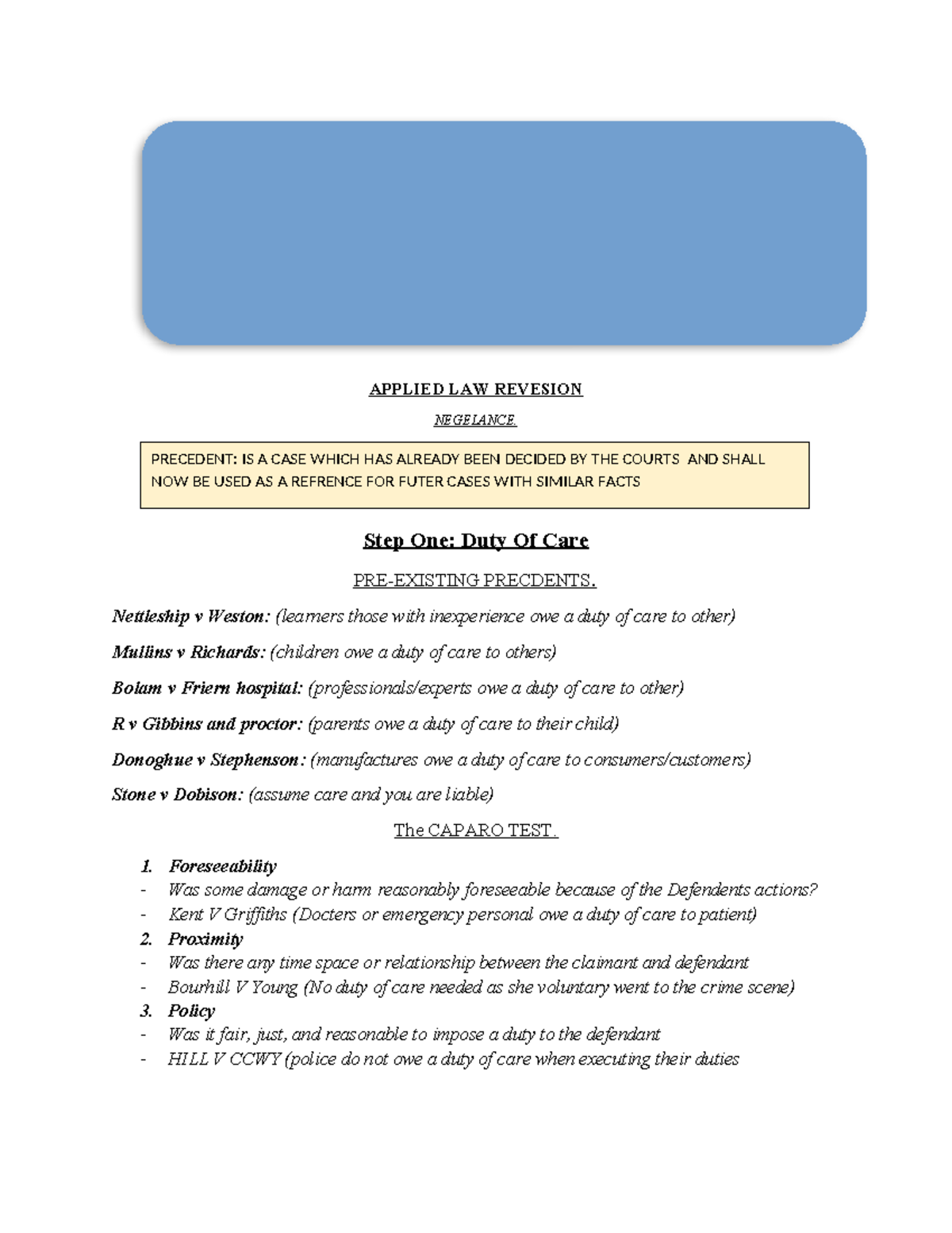 Applied Law Revision - Negligence & Duty of Care Overview - Studocu