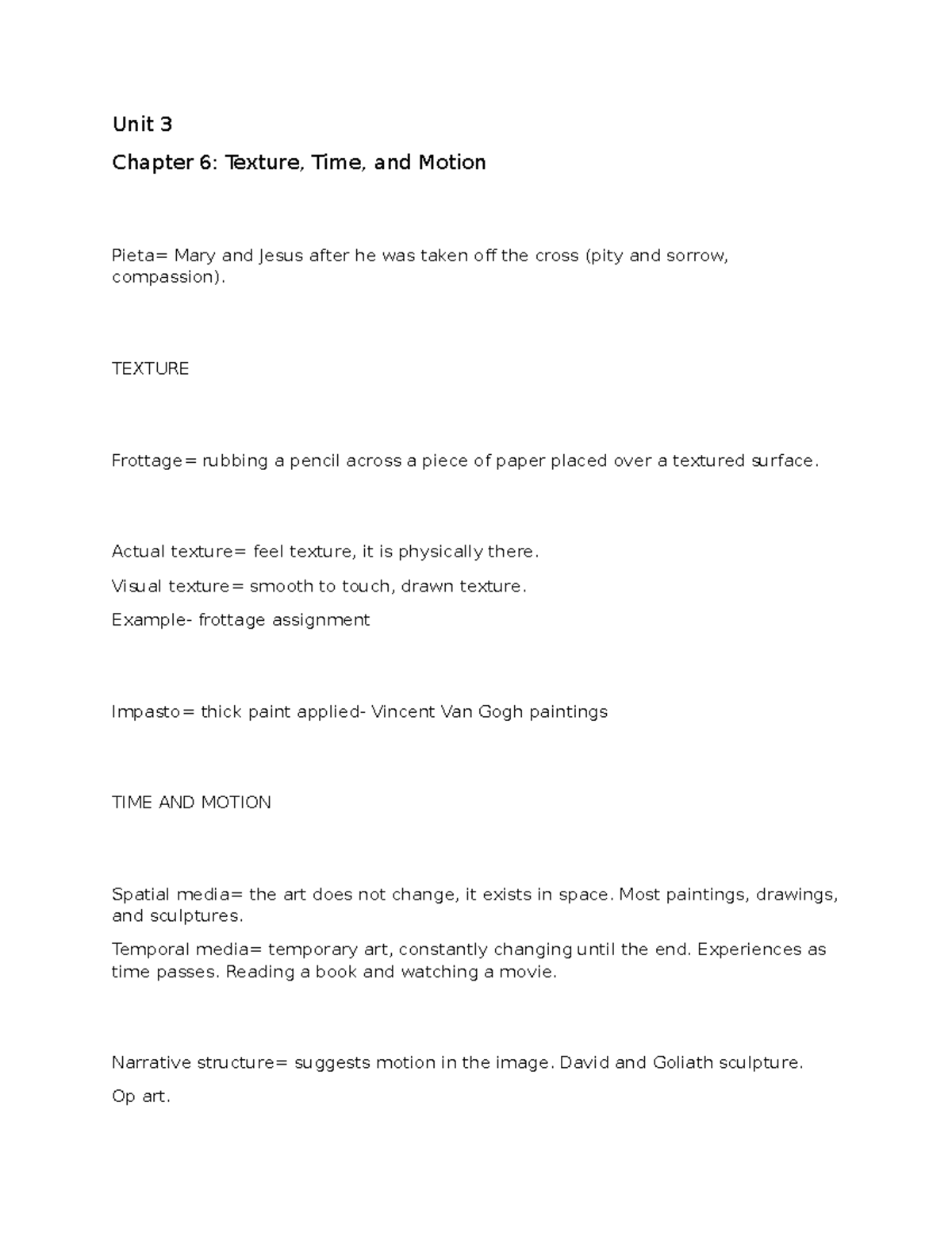 Unit 3 - Chapter 6 and 7 - Unit 3 Chapter 6: Texture, Time, and Motion ...