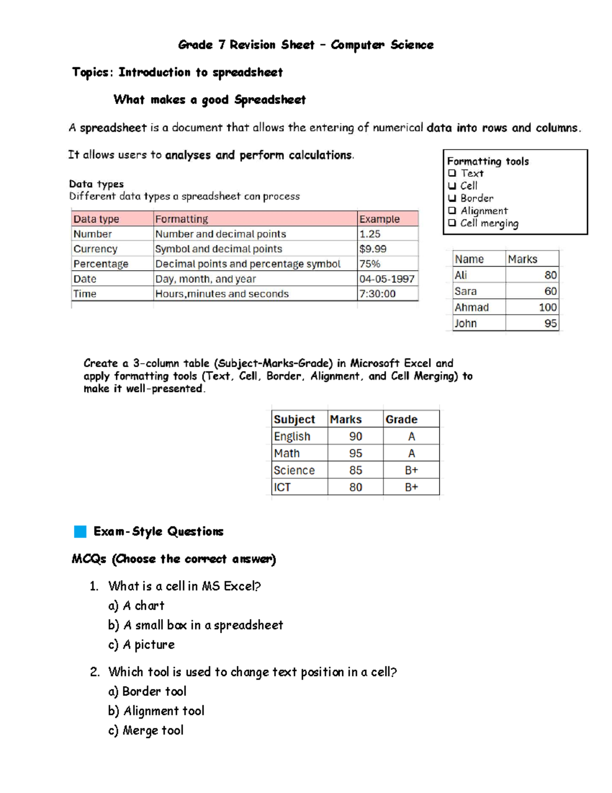 Grade 7 Computer Science Revision: Spreadsheets & Data Presentation ...