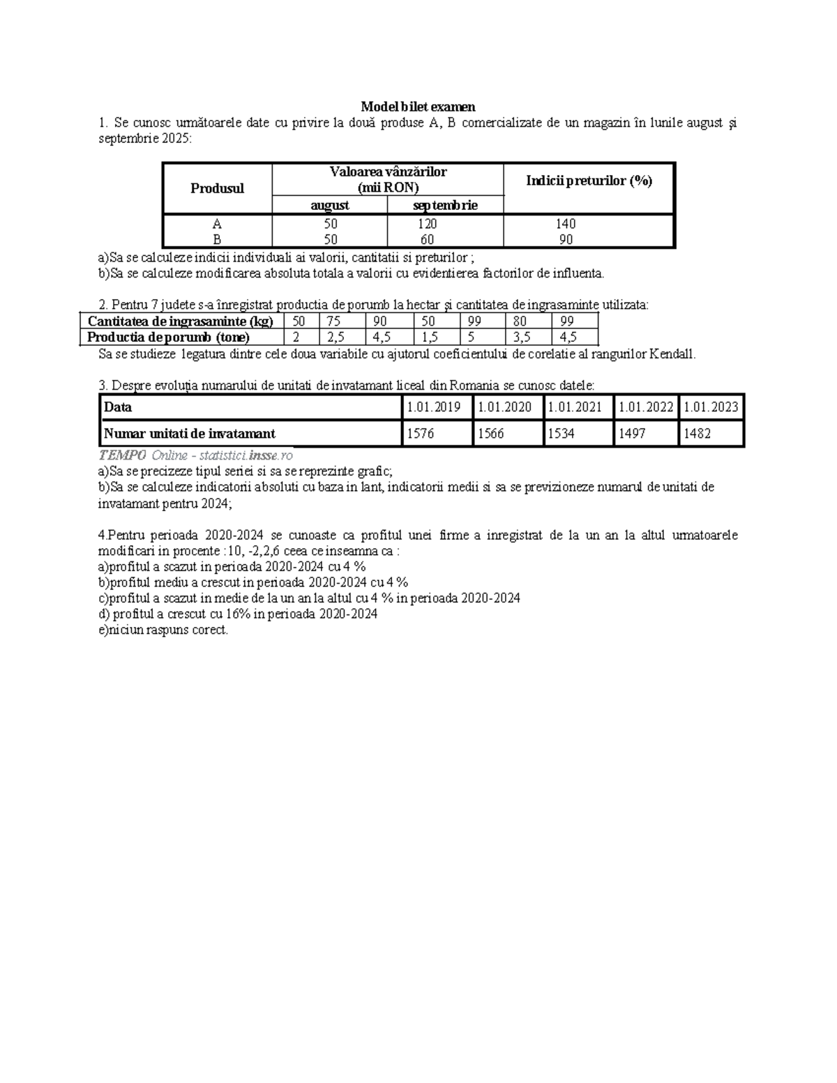 Model bilet examen 1 - Analiza Vânzărilor și Corelații 2025 - Studocu