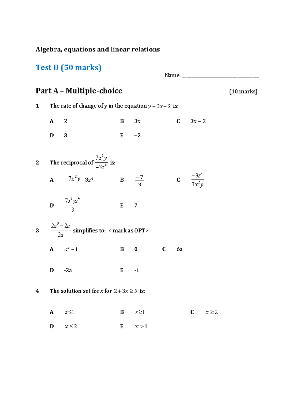 Y10 Adv Test D: Algebra, Equations & Linear Relations Questions - Studocu