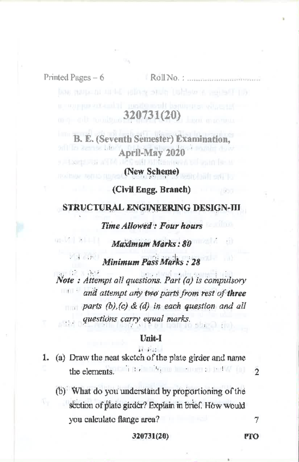 Be ce 7 sem structural engineering design 3 320731 may 2020 - Printed ...