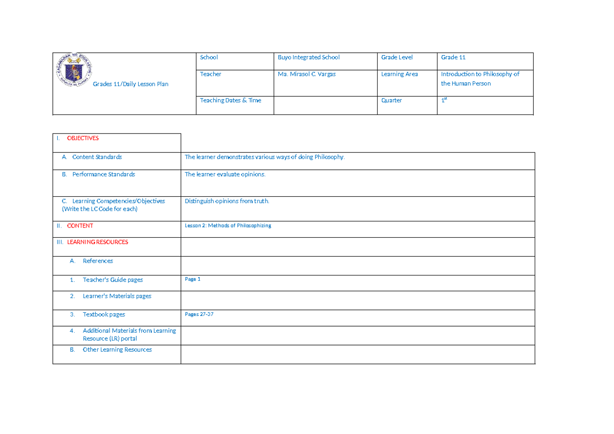 Grade 11 Philosophy Lesson Plan: Methods of Philosophizing (Q1) - Studocu