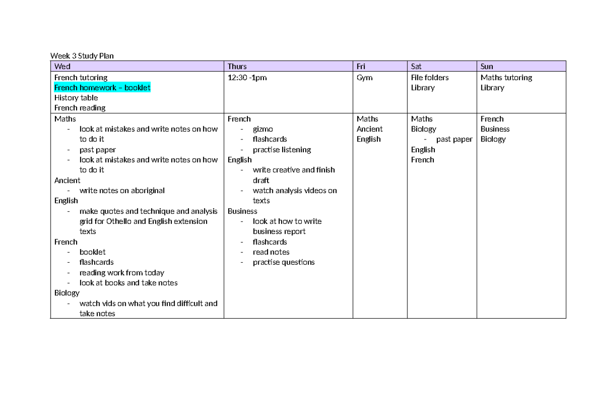 Week 3 Study Plan - ubnj - Week 3 Study Plan Wed Thurs Fri Sat Sun ...