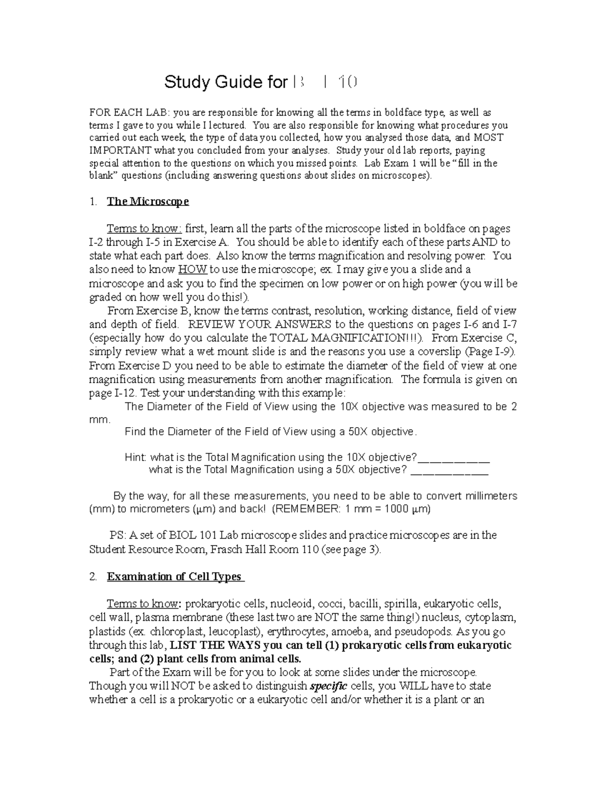 Study Guide for BIOL 101L Lab Exams 1 & 2: Key Concepts and Terms - Studocu