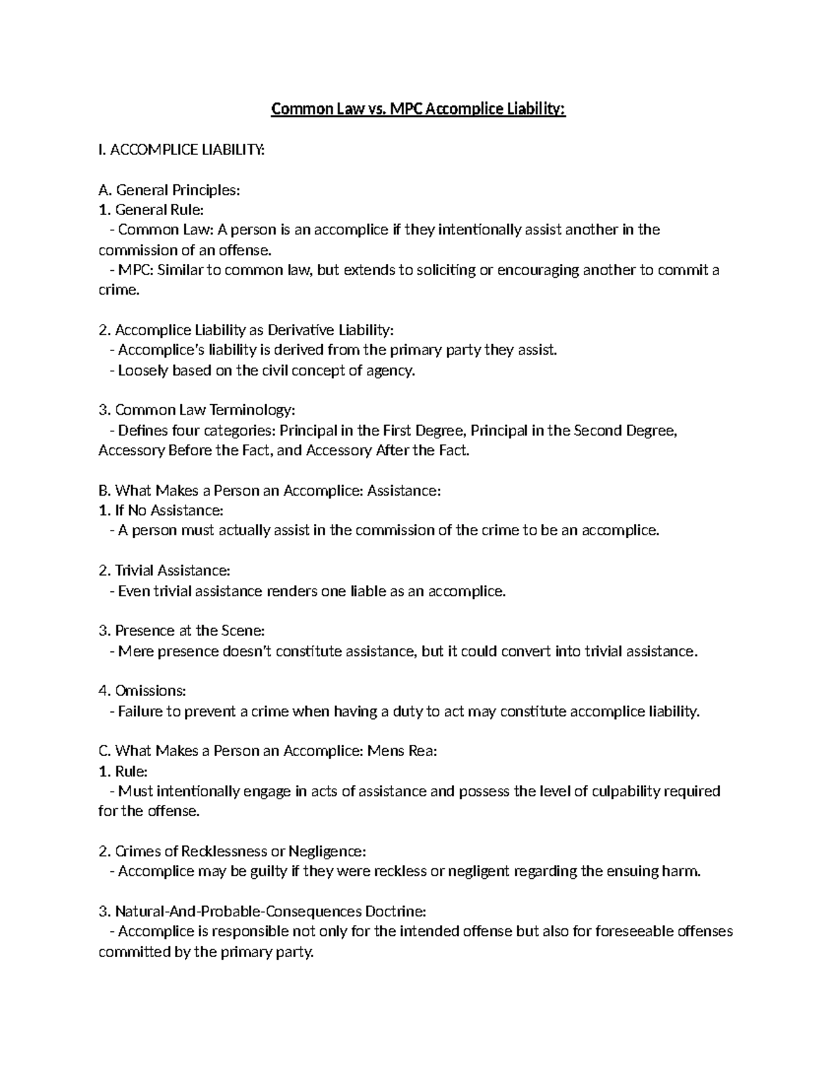 Accomplice Liability: Common Law vs. MPC Analysis Notes - Studocu