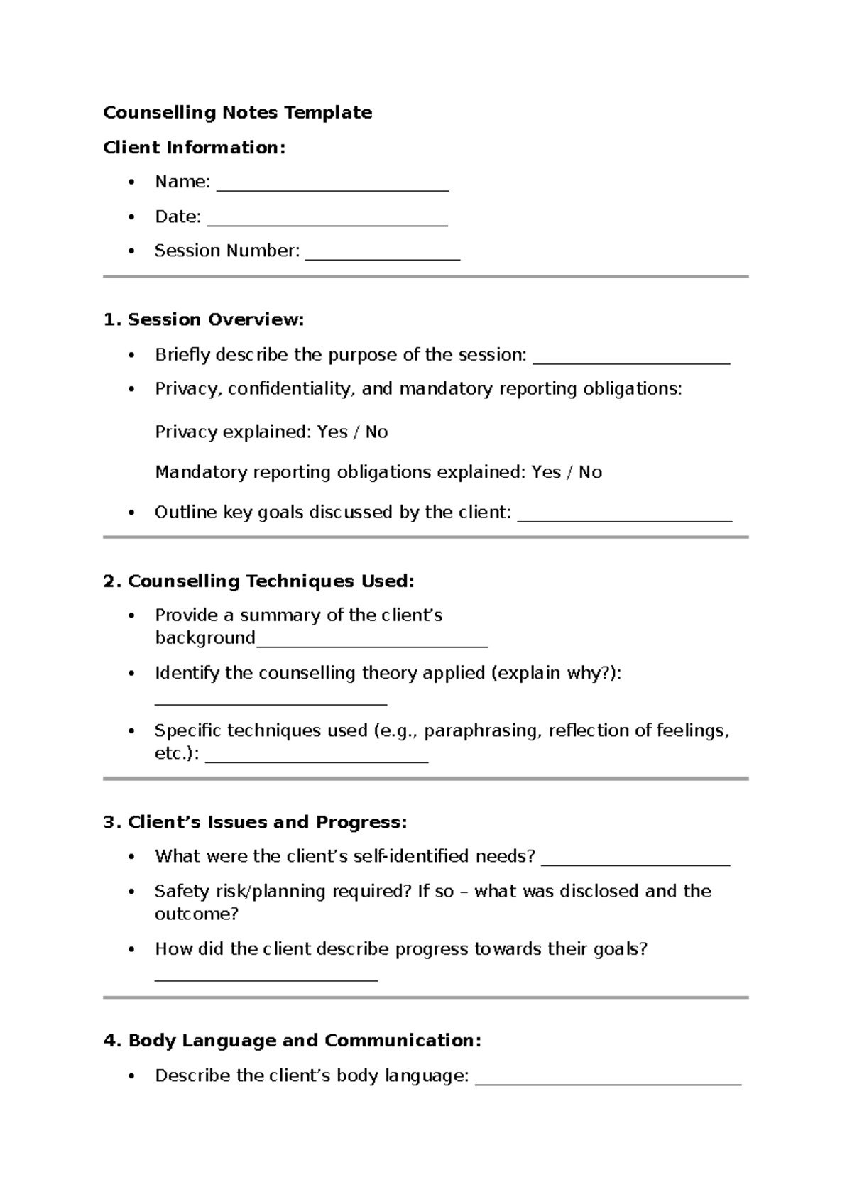 Counselling Notes Template: Client Info & Session Overview - Studocu