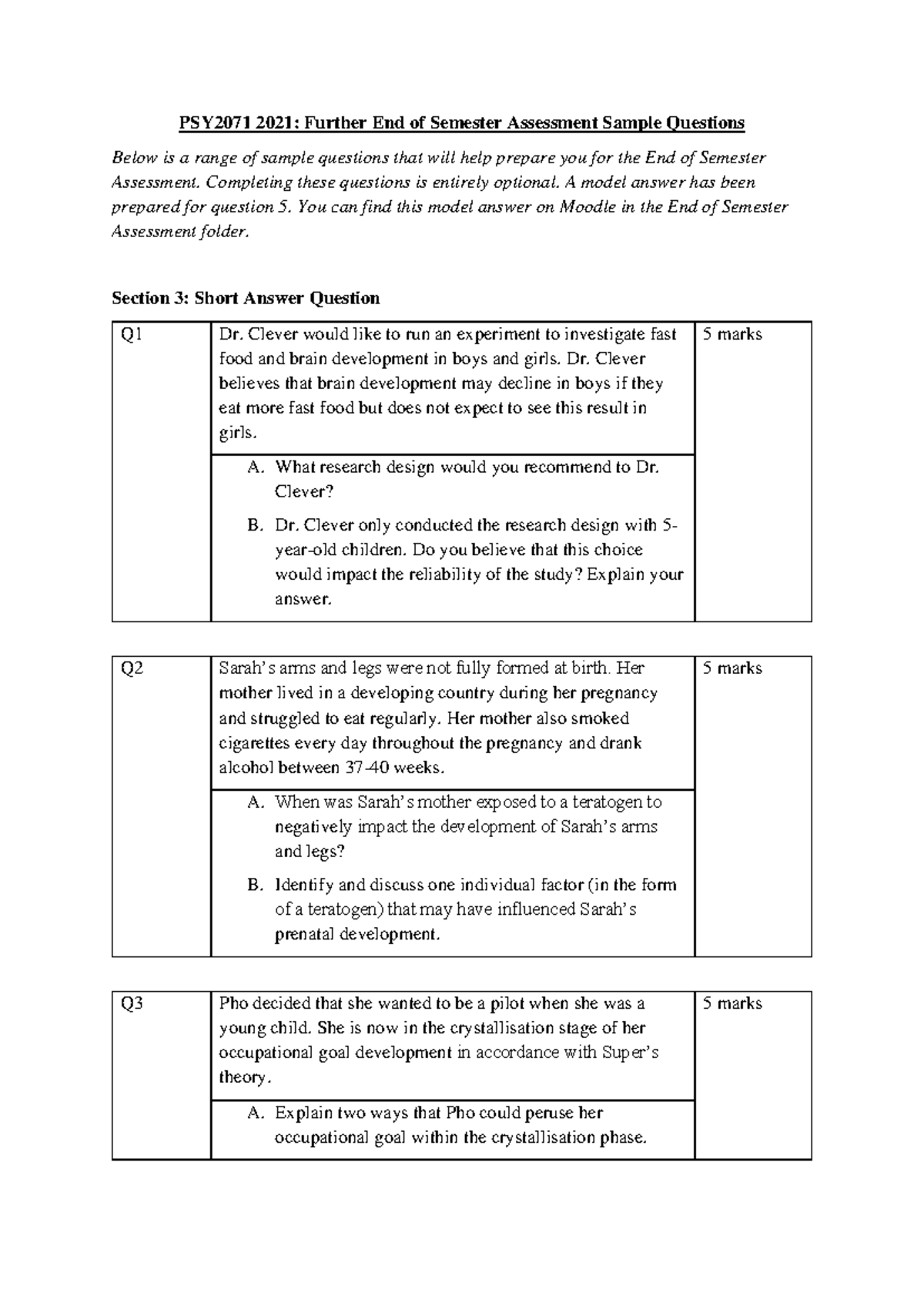 Further Sample Questions - End of Semester Assessment PSY2071 2021 ...