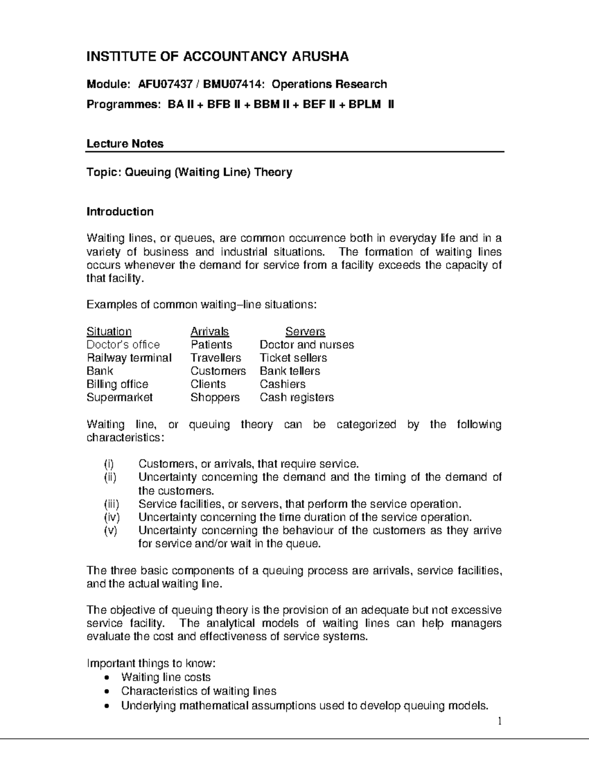 Lecture Notes - AFU07437: Queuing Theory Concepts and Applications ...